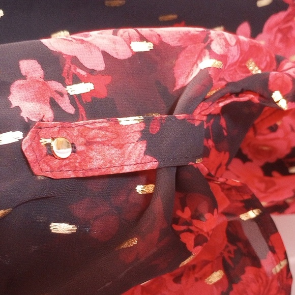 A black and dark red floral printed blouse with gold dotted overlay design. - Picture 5 of 5